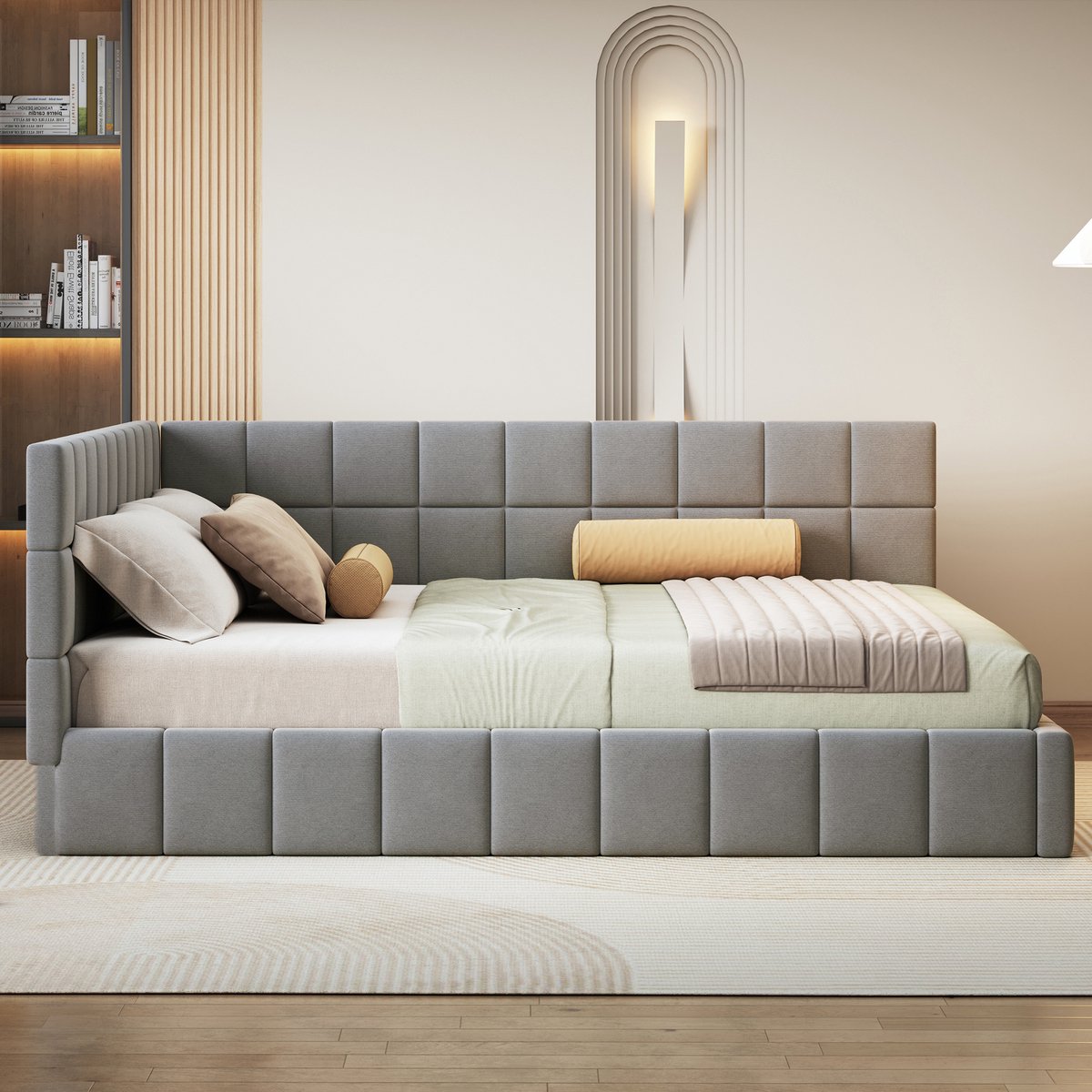Merax Slaapbank 160x200cm - multifunctioneel bed - verticale strepen - inclusief houten lattenbodem - grijs - zonder matras
