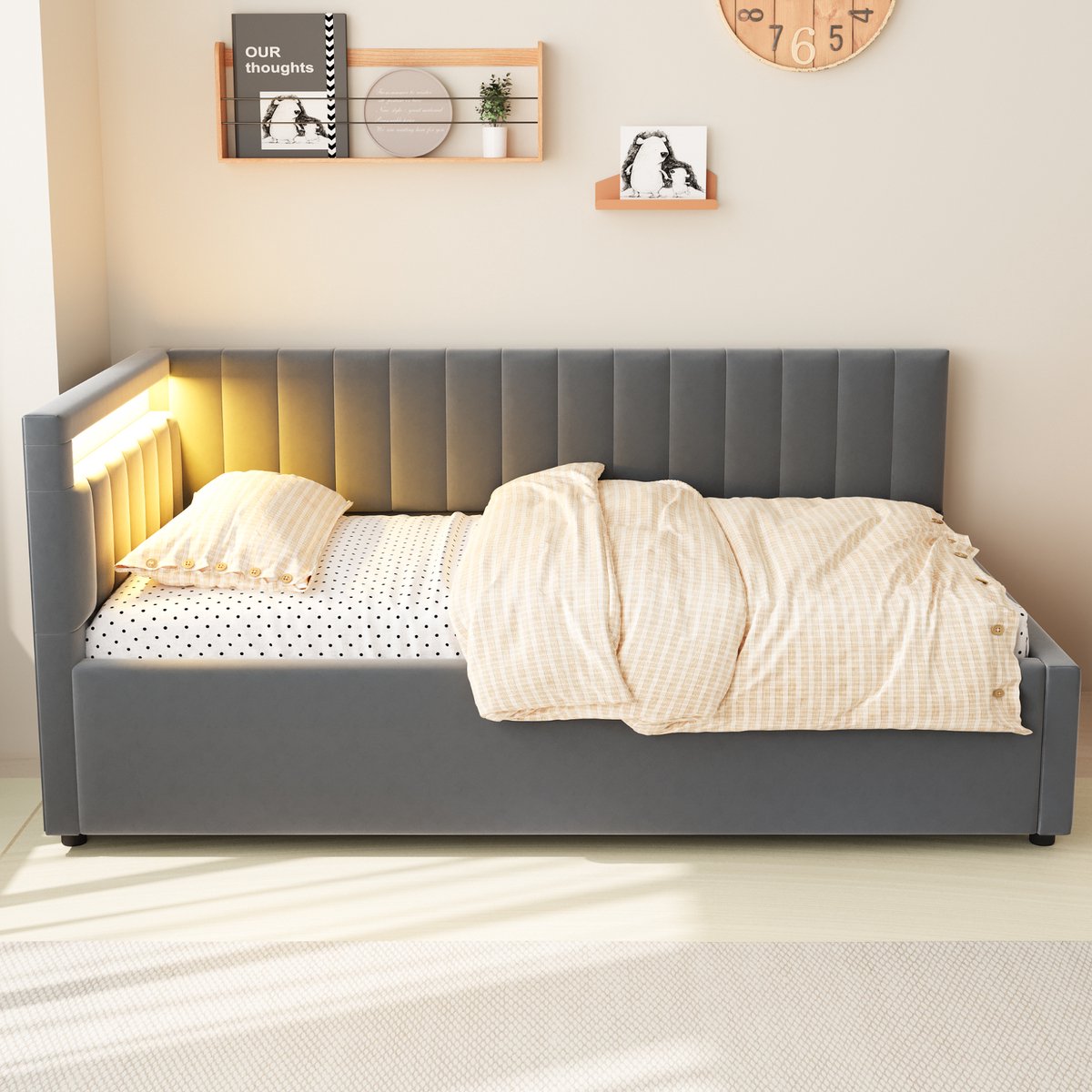 Merax Slaapbank 90x200cm met LED-verlichting en opbergruimte - verticale strepen - zijkant rugleuning verwisselbaar - grijs - zonder matras