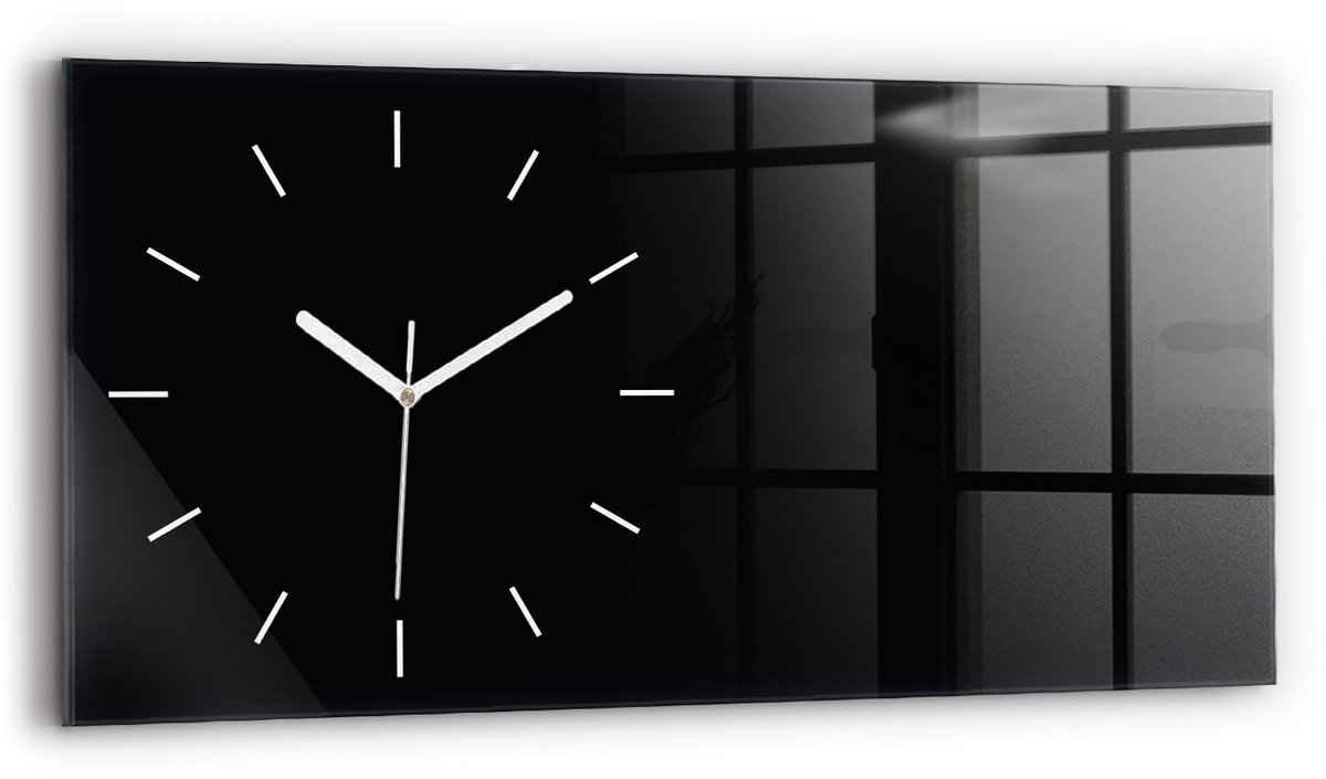 Wallfluent Wandklok - Zwart Rechthoekige Glas Klok - 60 cm x 30 cm - Zwart Wandklok - Witte Handen - Wandklok Zonder Cijfers - Stille Wandklok Slaapkamer - Rechthoekige Glazen Wandklok - Scandinavisch Wandklok - Glazen Klok Rechthoekige