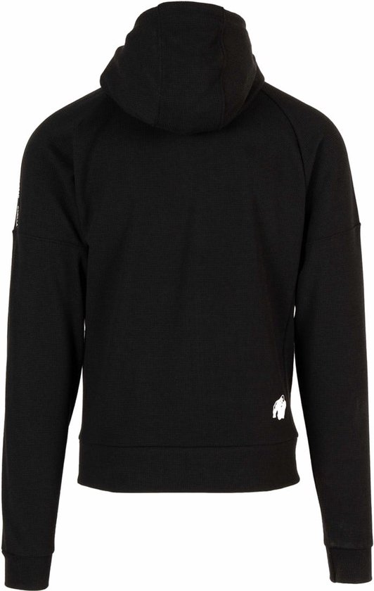 Achterkant van een zwarte trainingsjas van Gorilla Wear met capuchon en logo.