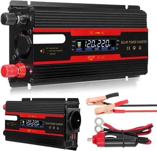 Spanningsomvormer DC 12V/24V naar AC 230V met USB-aansluitingen en LCD-scherm - 700W/2000W