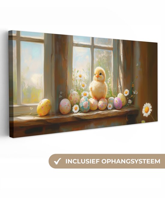 Canvas schilderij 300x140 cm - Exclusieve wanddecoratie Kuiken - Raam - Paaseieren - Muurdecoratie woonkamer - Slaapkamer decoratie - Kamer accessoires - Schilderijen op canvas - Pasen - Paasdecoratie - Paas versiering