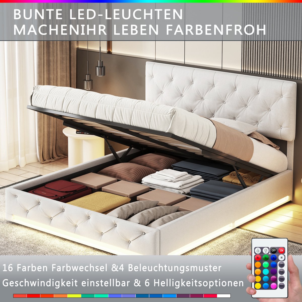 SHOPENTRA Opbergbed 140x200cm met LED-verlichting - SHOPENTRA - €262,09