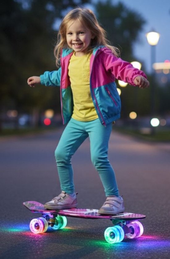 Meisje met staartjes in gele top, roze/blauwe jas, turquoise broek op roze skateboard met lichtgevende wielen.
