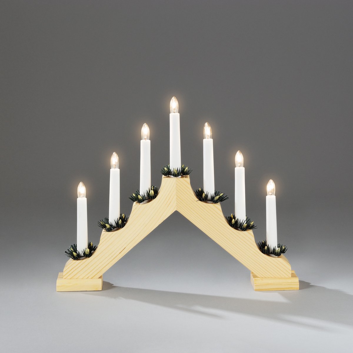 Houten Kerstkandelaar voor binnen - 7 kaarsen - 2700K warm wit - Hout met groen - Kaarsenbrug met 7 lampen - 30 x 38 cm - Kerstverlichting – foto 3