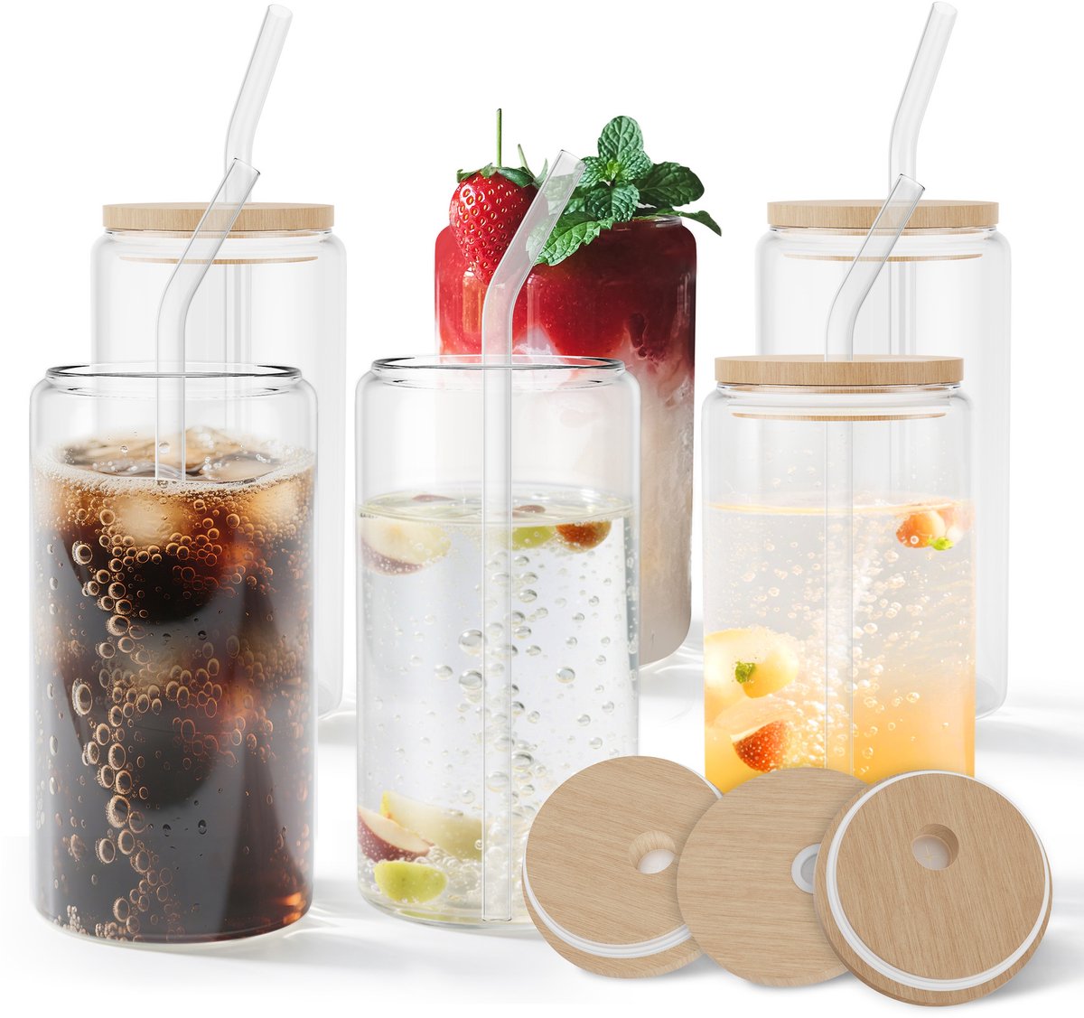 6er Set 550ml Glas Drinkfles Met Dop En Strooihals Glasbekers Herbruikbaar Voor Limonade Water Saft Kantoor School Geschenk