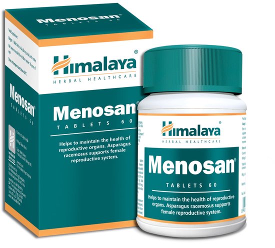 Verpakking van Himalaya Menosan tabletten: turquoise doosje en witte fles met turquoise dop, met tekst en logo.
