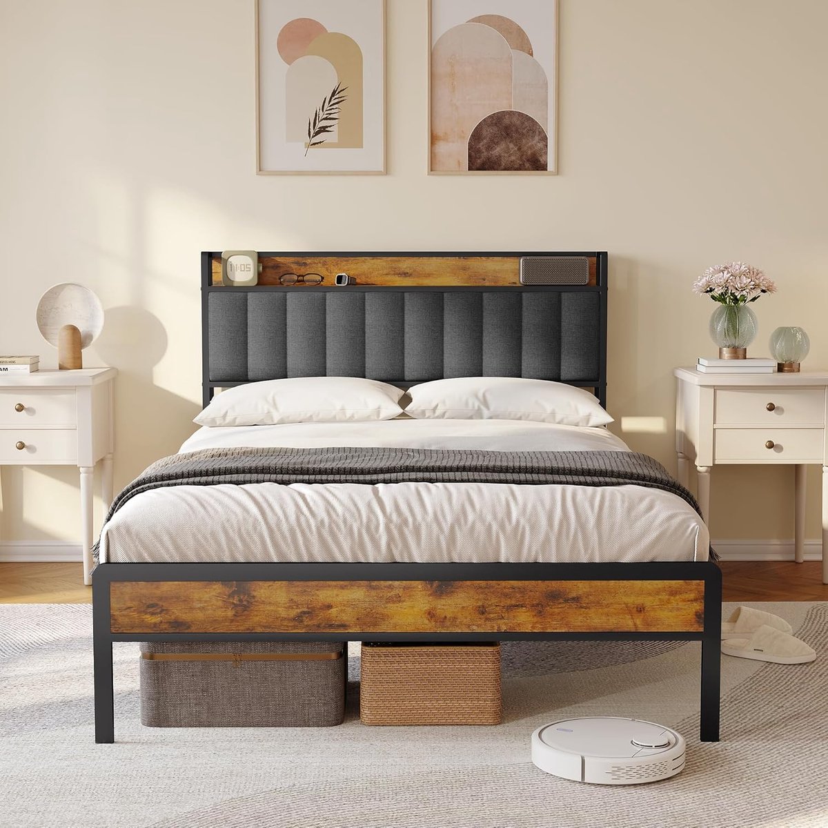 Gestoffeerd Tweepersoonsbed 140x200 cm met Metalen Frame en Houten Lattenbodem - Veel Opbergruimte, Stevige Constructie, Eenvoudig Te Monteren