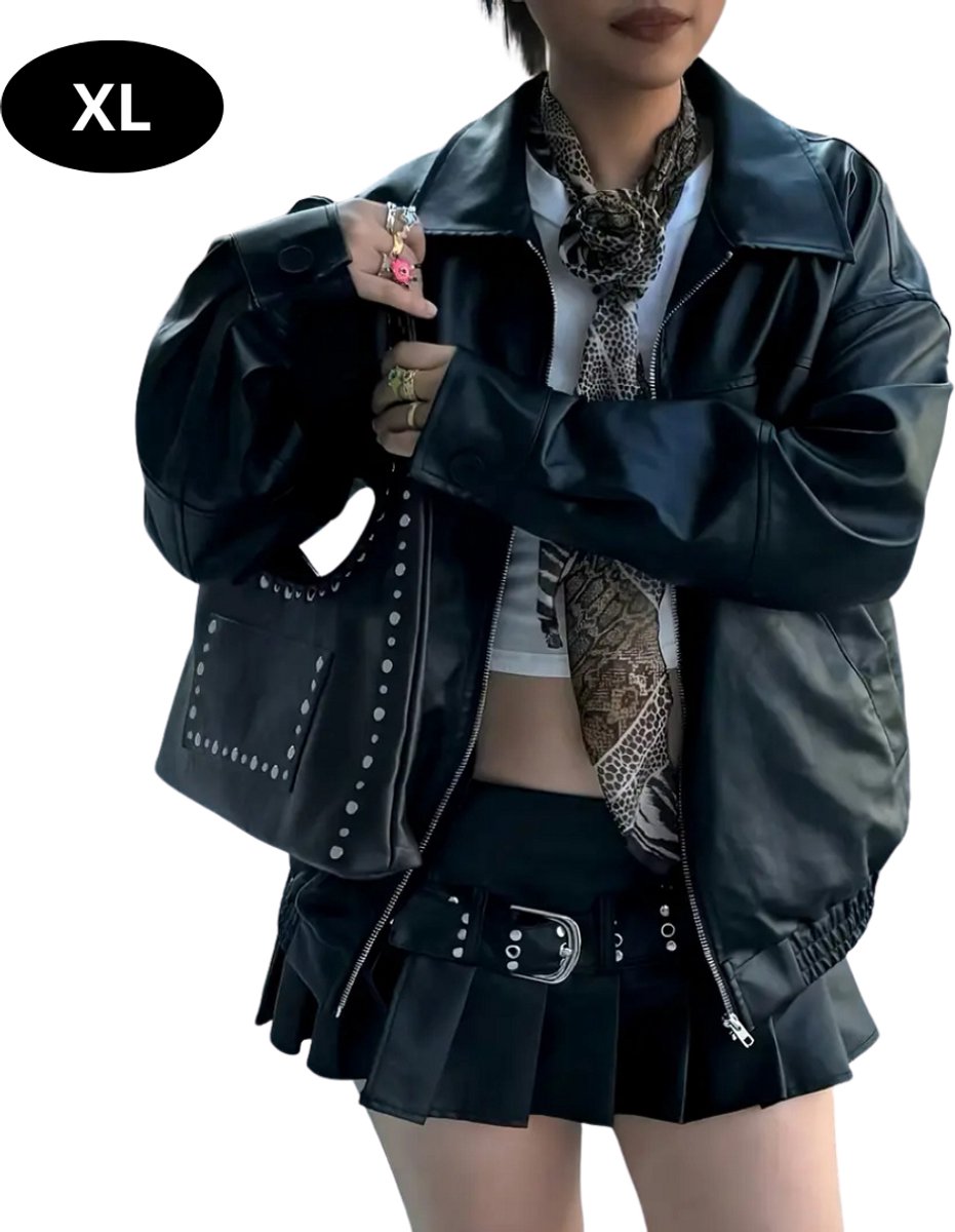 Nivard Kunst Leren Jas Leather Jacket Lederen Jas Bomberjack Pilotenjack Blazer Biker Motorjas Motormuis Dames Zwart