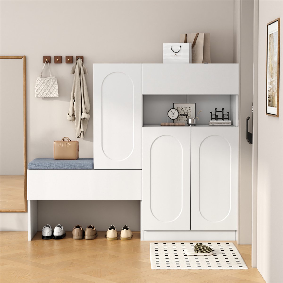 YEHTOKHOME Schoenenkast houten - 130x35x110 cm - drie deuren - multifunctioneel schoenenrek met gestoffeerde zitting - verstelbare planken - 1 lade - wit