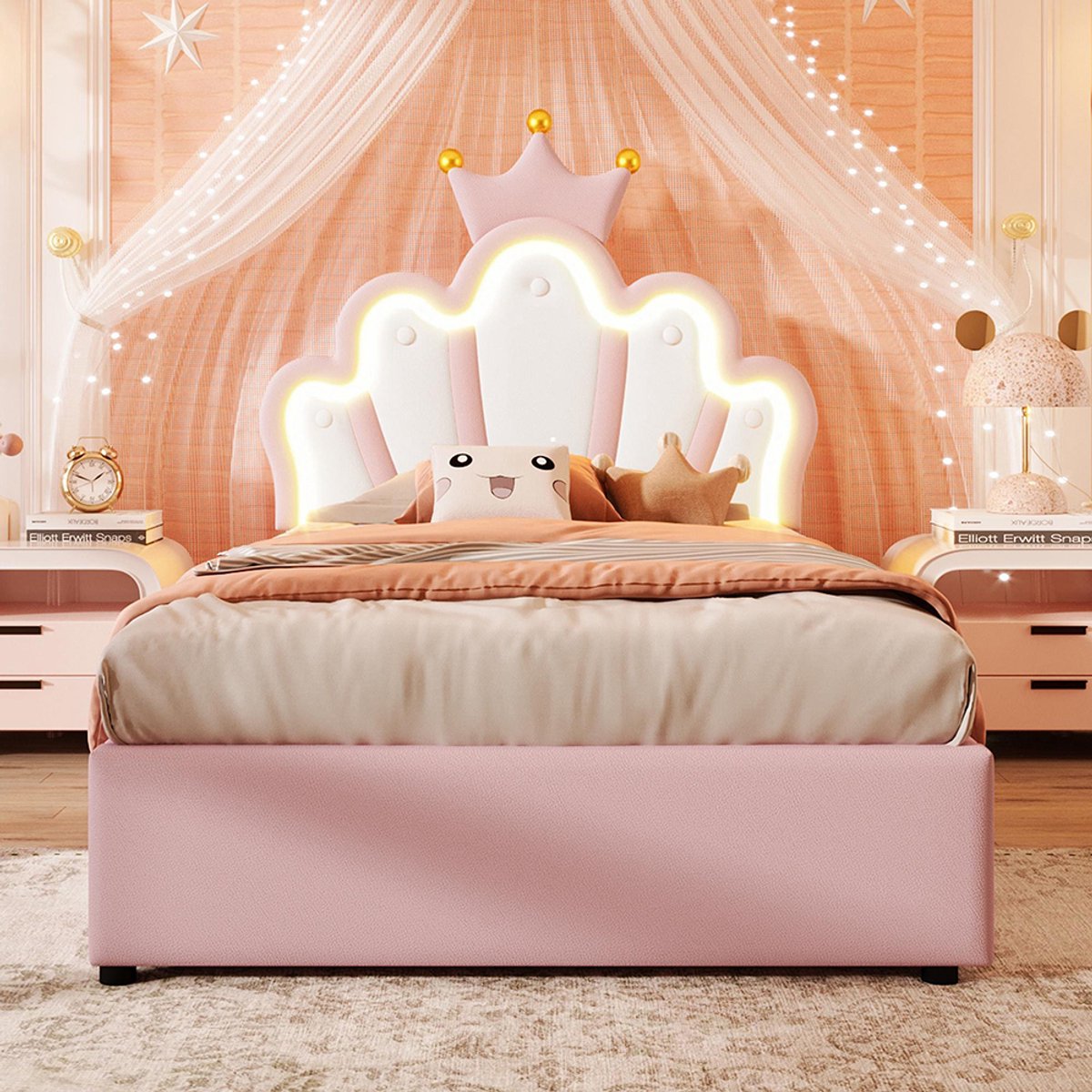 Gutent Gestoffeerd bed hydraulisch-90x200cm-met led-lichtlijst-verstelbaar hoofdeinde-prinsessenbed in kroonvorm-PU-roze-zonder matras