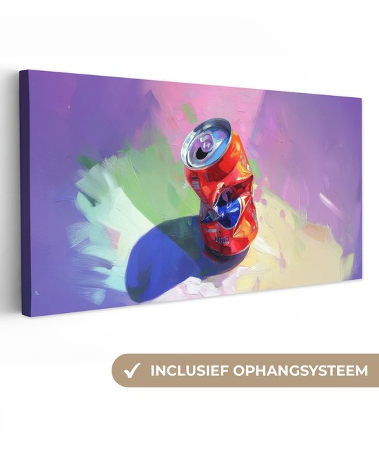 Canvas met een verkreukeld rood blikje, tekst onderaan: INCLUSIEF OPHANGSYSTEEM.