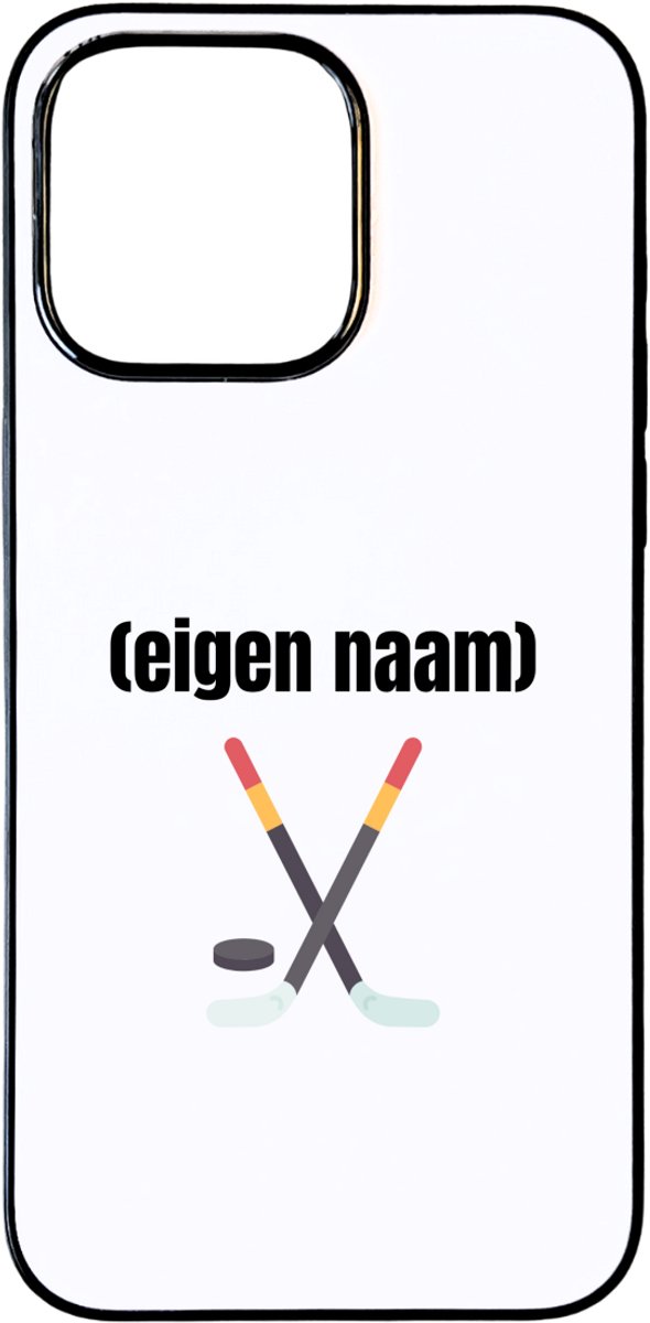 Hacebo® - ijshockey sticks en puck met eigen naam telefoonhoesje - Ijshockey - atleten - telefoonhoesjes - iemand die houdt van ijshockey - verjaardag - cadeau - kado - hoesje geschikt voor iPhone 15 Pro Max