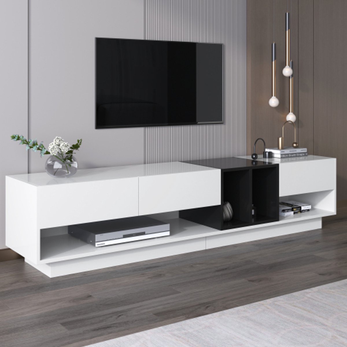 TV-kast lowboard 190 cm hoogglans wit/zwart, kleurblok design, lades en open vakken, opbergruimte
