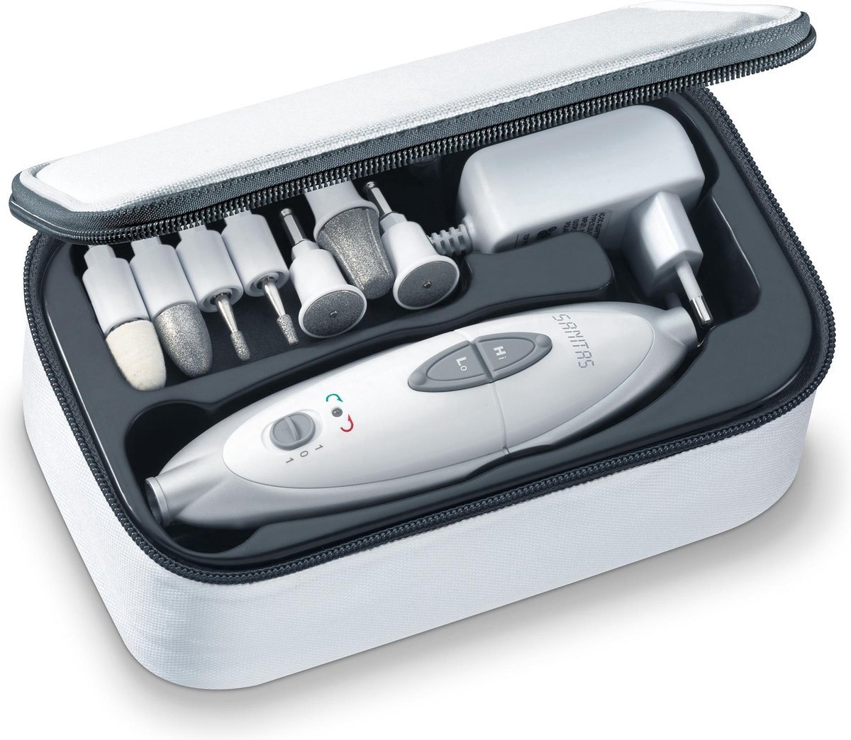 Sanitas Elektrische Manicure- en Pedicureset – 7 Opzetstukken – Traploos Regelbaar – Rechts/Linksdraaiend – Inclusief Opbergtas
