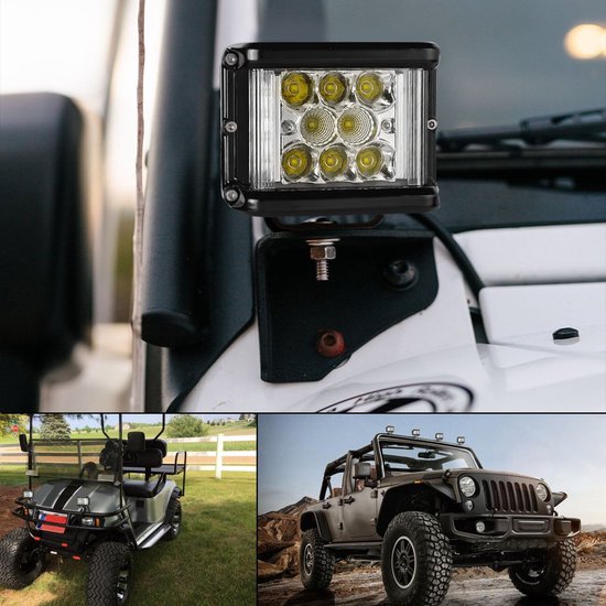 Zwarte LED-lamp met acht gele LED's, gemonteerd op een wit off-road voertuig, met een golfkar en Jeep op de achtergrond.