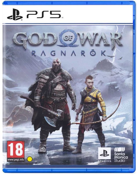 La couverture du jeu God of War Ragnarök PS5 avec Kratos et Atreus sur sol gelé.