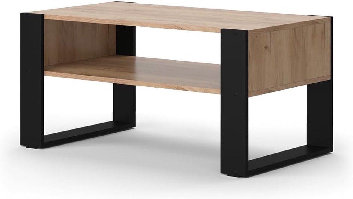 Salontafel met Opbergruimte - Stijlvolle Woonkamertafel Gemaakt van Eik en Zwart Spaanplaat - 92 x 45.6 cm