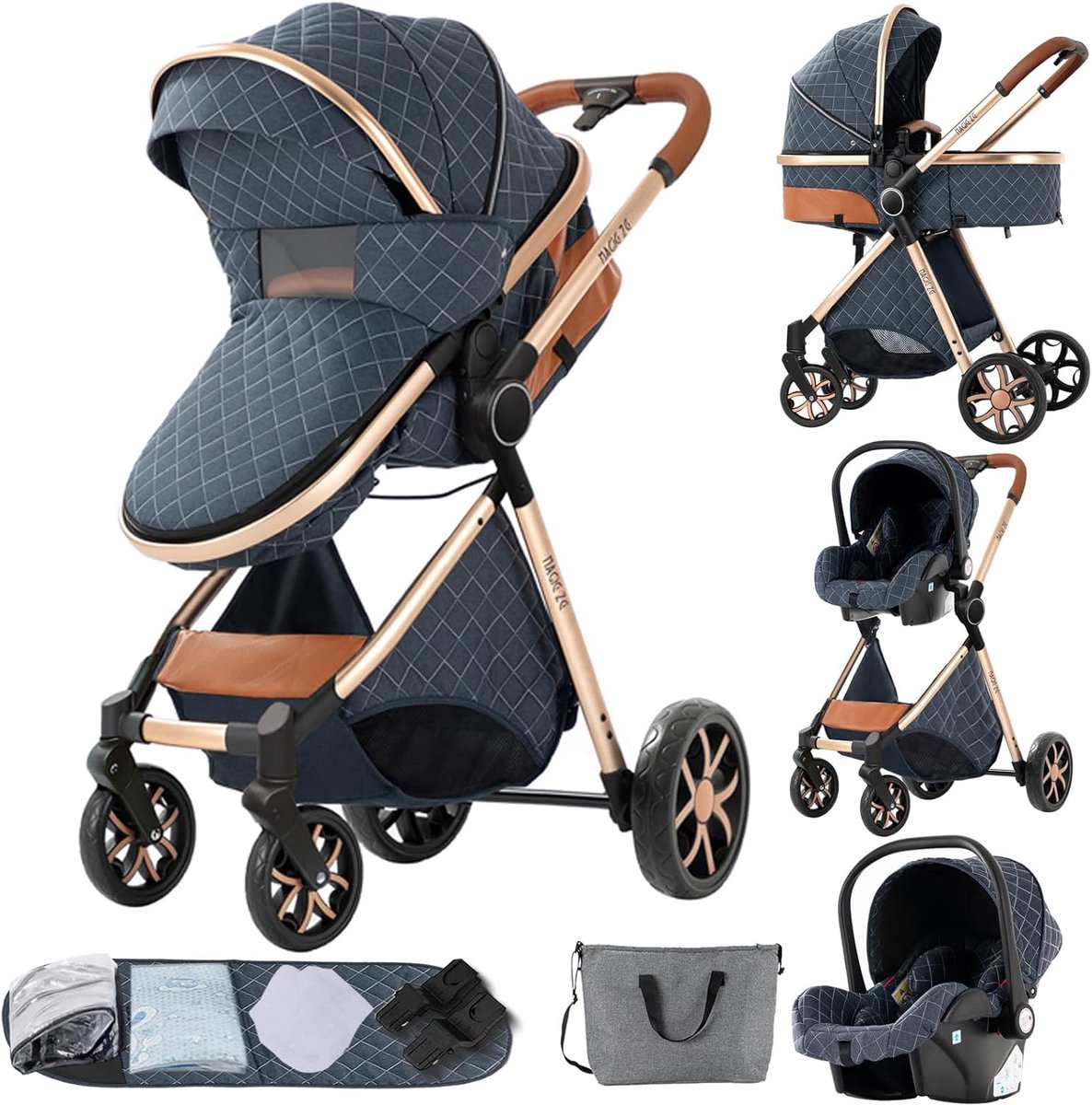 Image of 3-in-1 Kinderwagen met Omkeerbare Dubbele Schuifmodus - Comfortabele Buggy met Groot Babybadje - Opvouwbare Combikinderwagen met Aluminiumlegering en Hoog Landschap
