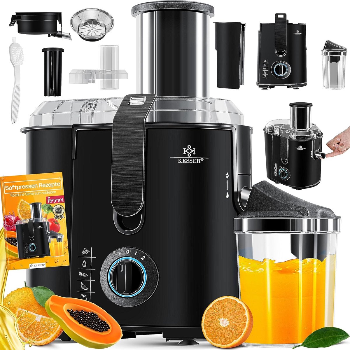 Luxe Slowjuicer – Sapcentrifuge Groenten en Fruit – Blender – Roestvrij Staal – Automatisch Schoonmaken – Instelbare Snelheid – 1100W – Zwart