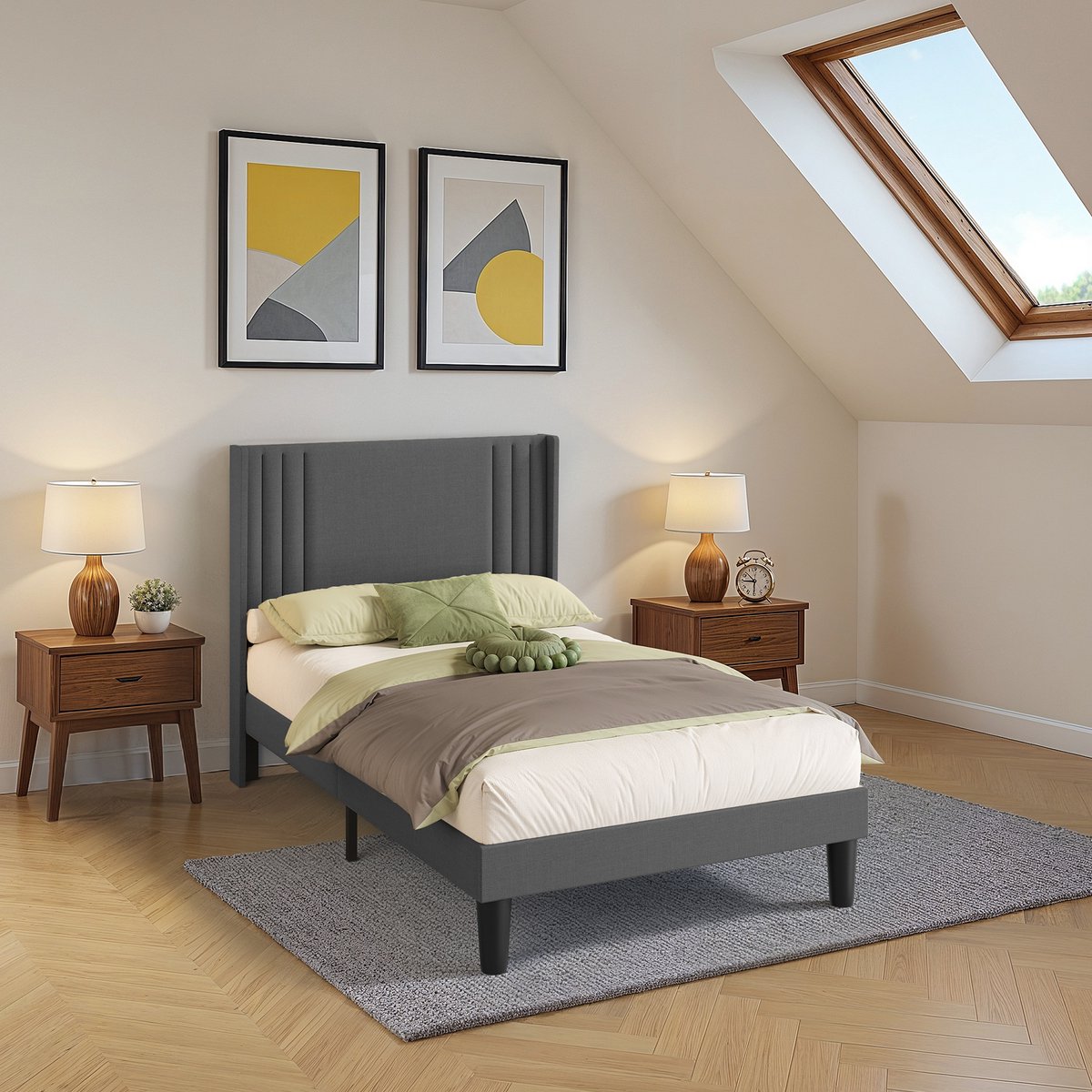 Xbro Gestoffeerd Bed 140 x 200 cm met Hoofdeinde en Lattenbodem, Tweepersoonsbed, Eenpersoonsbed, Gemakkelijk te Monteren en Stabiel, 20 cm Opbergruimte, Donkergrijs