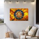 Une affiche de jardin représentant un soleil en mosaïque aux teintes jaunes, oranges et bleues, accrochée sur un balcon.