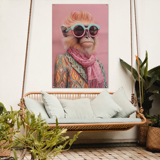 Affiche de jardin 80x120 cm - Décoration de jardin Foulard - Singe - Lunettes de soleil - Veste - Affiche pour le jardin - Décoration extérieure - Tableau de jardin clôture - Décoration murale en tissu de jardin - Décoration murale en tissu de balcon