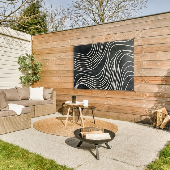 Tuinposter 120x80 cm - Tuindecoratie Lijnen - Patroon - Abstract - Wit - Poster voor in de tuin - Buiten decoratie - Schutting tuinschilderij - Tuindoek muurdecoratie - Wanddecoratie balkondoek