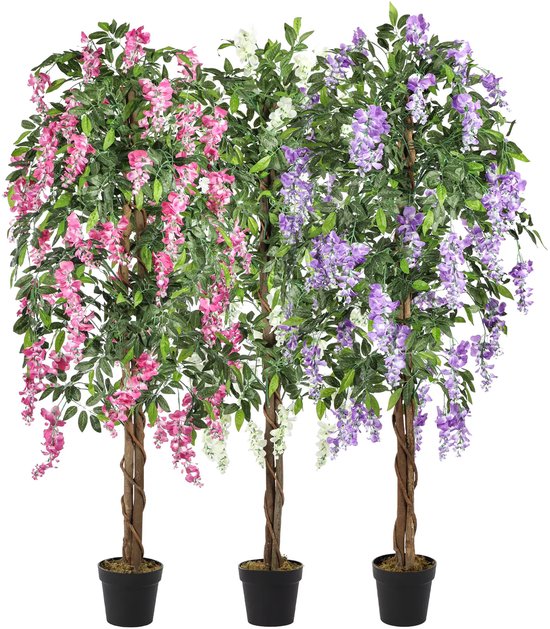 Trois arbres artificiels de glycine en pot : un avec des fleurs roses, un avec des fleurs blanches et un avec des fleurs violettes.