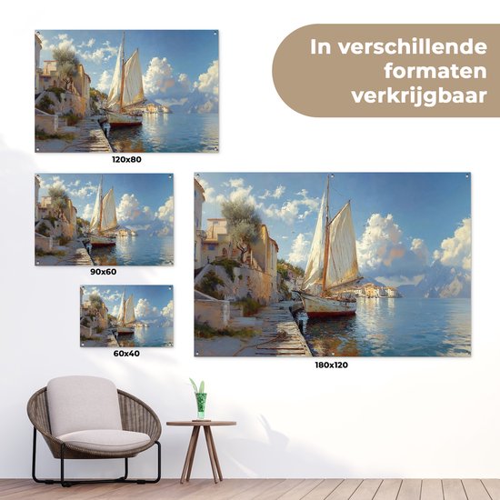 Tuinposter 90x60 cm - Tuindecoratie Zeilschip - Huizen - Kade - Zee - Poster voor in de tuin - Buiten decoratie - Schutting tuinschilderij - Tuindoek muurdecoratie - Wanddecoratie balkondoek