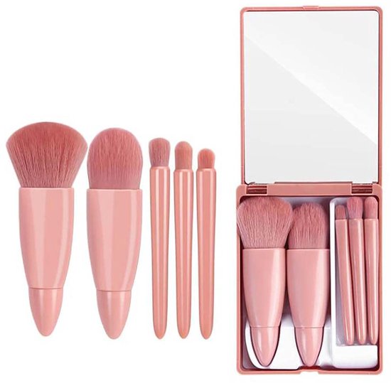 Make-up Kwasten Set – 5-delige Mini Cosmetische Kwasten met Spiegel – Complete Vegan Make-up Brush Kit – Oogschaduw, Poeder, Blush, Lippen & Wenkbrauw – Draagbaar en Cruelty Free – ANMI