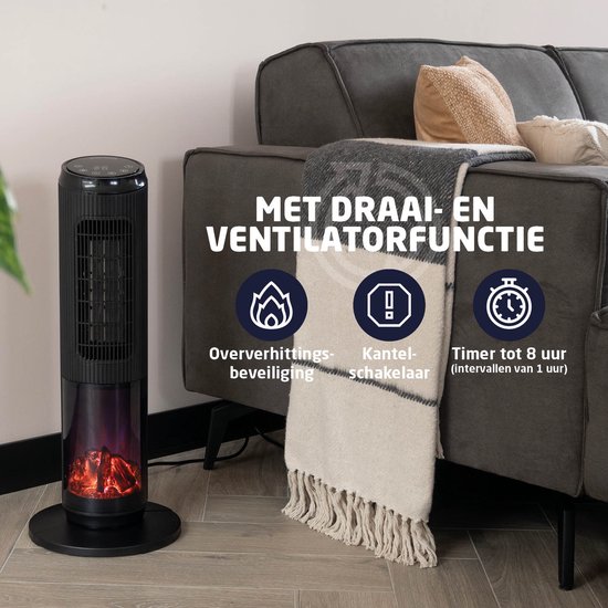 BREND BR-2222 Tour de Chauffage Électrique avec Flammes - Cheminée Décorative Autoportante - Fonction Ventilateur, Oscillation et Thermostat 18 à 45 °C - Zwart