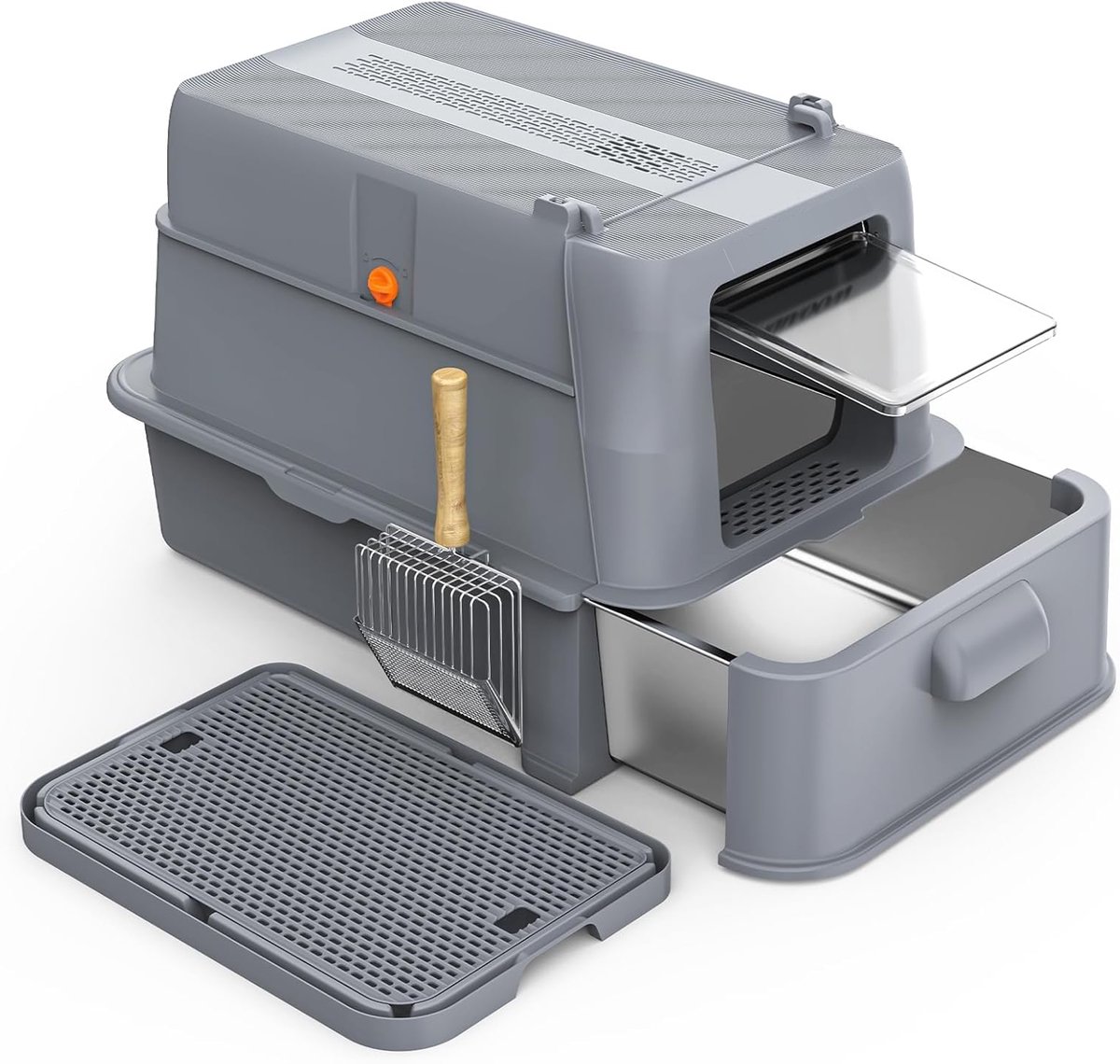 CatElite® - Kattenbak RVS met Lade | Nest - Incl. Geurneutralisator - Incl. Kattenbakschep & Grit Opvanger - Voor Grote & Kleine Katten - 37L Inhoud Groot - Donker Grijs