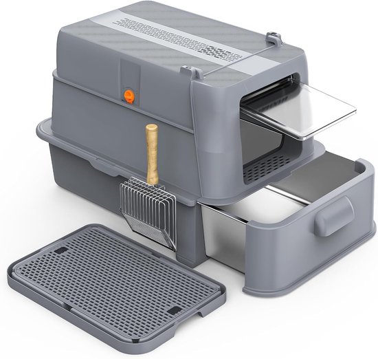 CatElite® - Kattenbak RVS met Lade | Nest - Incl. Geurneutralisator - Incl. Kattenbakschep & Grit Opvanger - Voor Grote & Kleine Katten - 37L Inhoud Groot - Donker Grijs