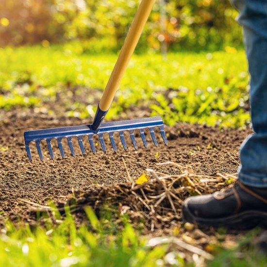 KADAX hark, brede hark met versterkte kop, metalen bladhark, bladhark met lange steel van hout, tuingereedschap voor wieden, bemesten, tuinhark voor gazon, bloemperken (10 tanden) van Merkloos	 — afbeelding 5