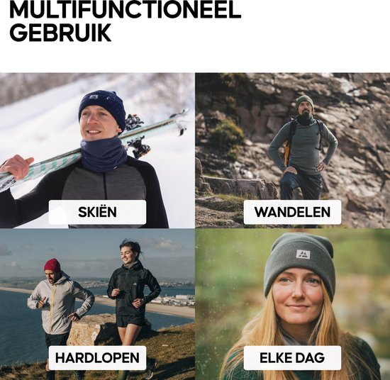 Vier afbeeldingen die multifunctioneel gebruik tonen: skiën, wandelen, hardlopen en dagelijks gebruik.