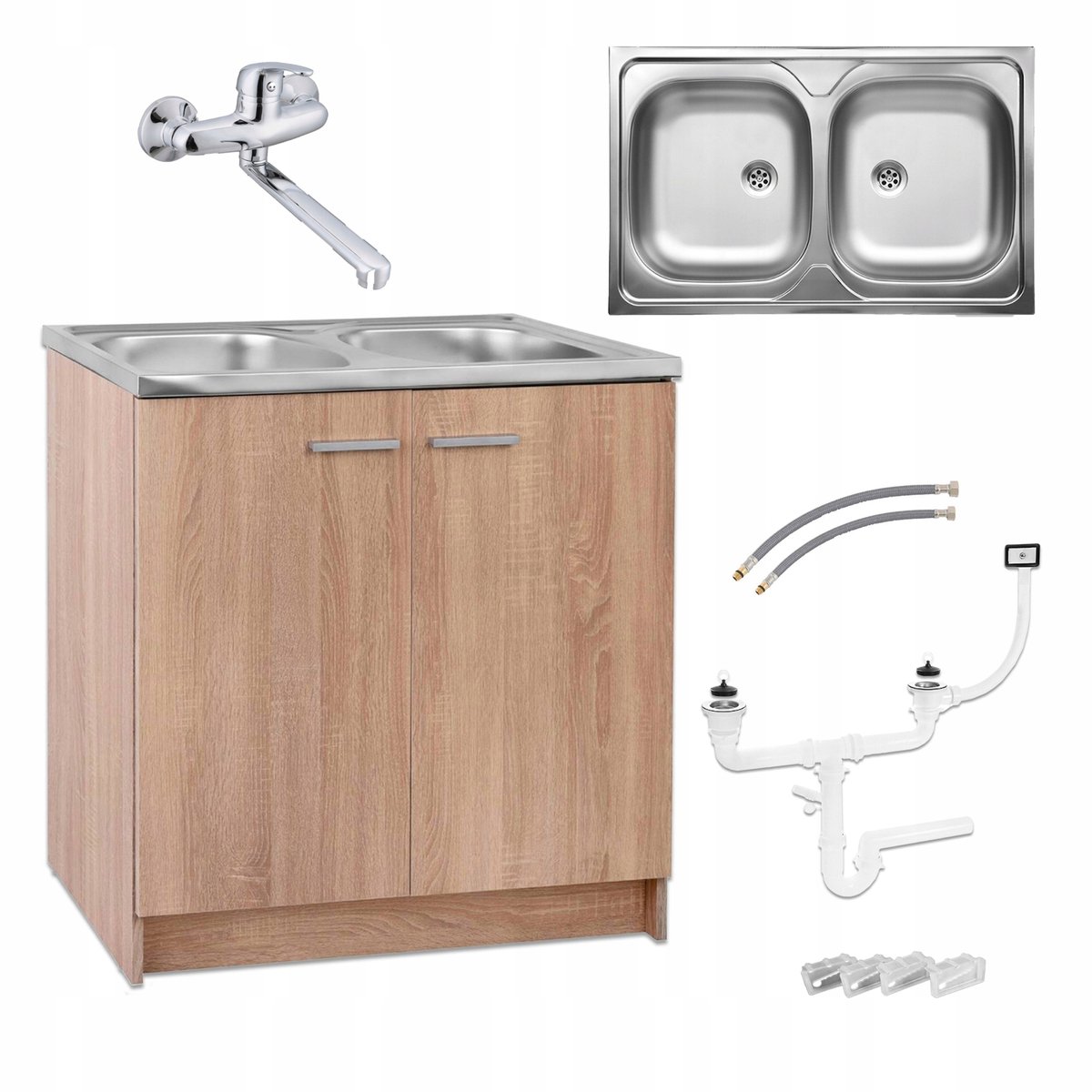 STAMAR Keukenonderkast 80 cm met 2-baks RVS spoelbak, wandkraan en sifon - sonoma eiken