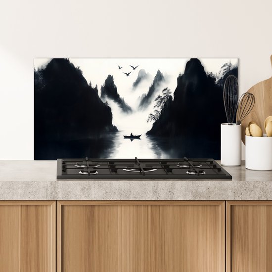 Spatscherm keuken 80x40 cm - Kookplaat achterwand Roeiboot - Mistig - Bergen - Vogels - Muurbeschermer - Spatwand fornuis - Hoogwaardig aluminium