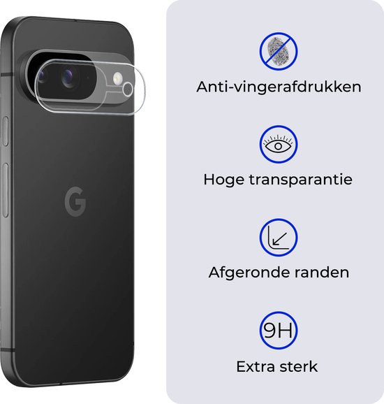 Zwarte telefoon met cameralens protector. Tekst: Anti-vingerafdrukken, Hoge transparantie, Afgeronde randen, Extra sterk.