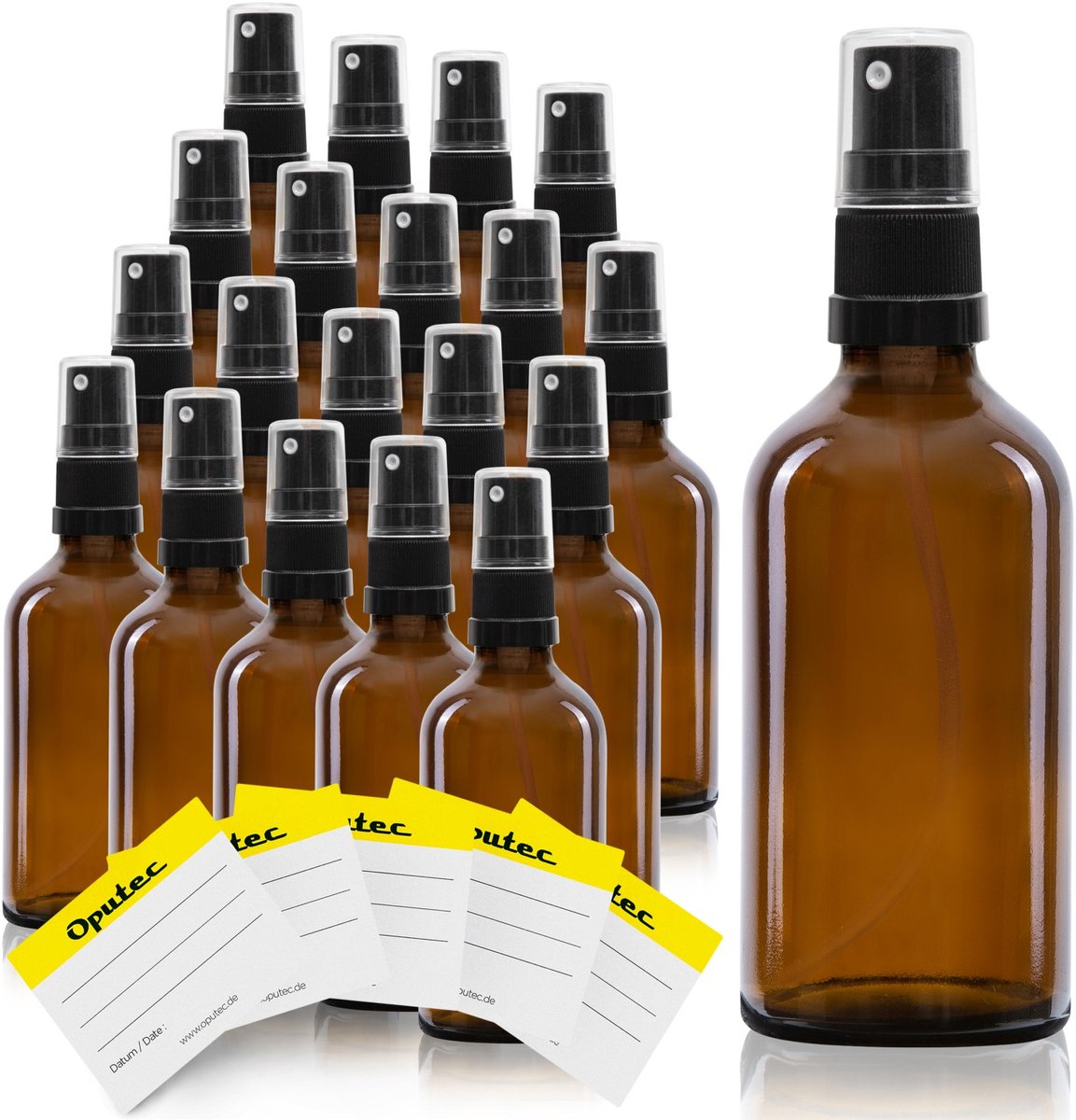Oputec 20 x 50 ml sprayflessen – bruin glas met fijne verstuiver & etiketten – lekvrij & navulbaar