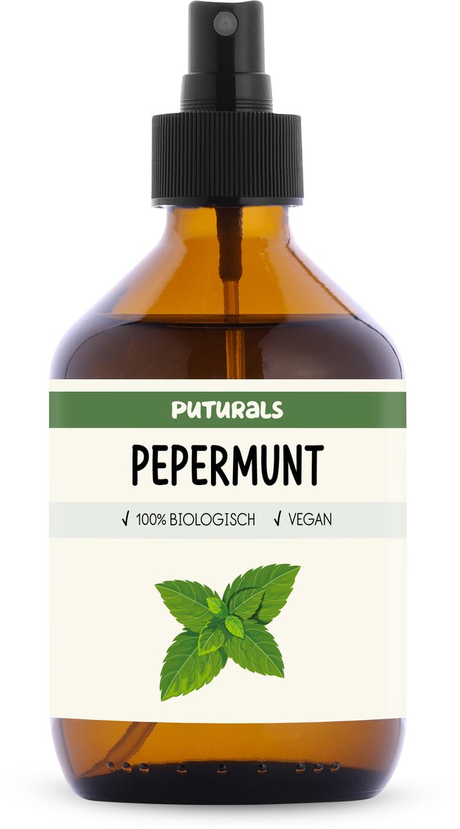 Puturals Pepermuntwater 100% Biologisch - 300ml - Puur en Vegan - Pepermunt Spray voor Huid en Haar - Zonder Alcohol - Bijproduct van Pepermunt Olie - Bruine Glazen Fles + Verstuiver