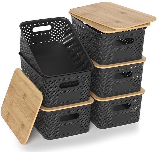 Boîte de rangement en plastique avec couvercle en bambou - lot de 6 - 26 x 18 x 10,5 cm - durable