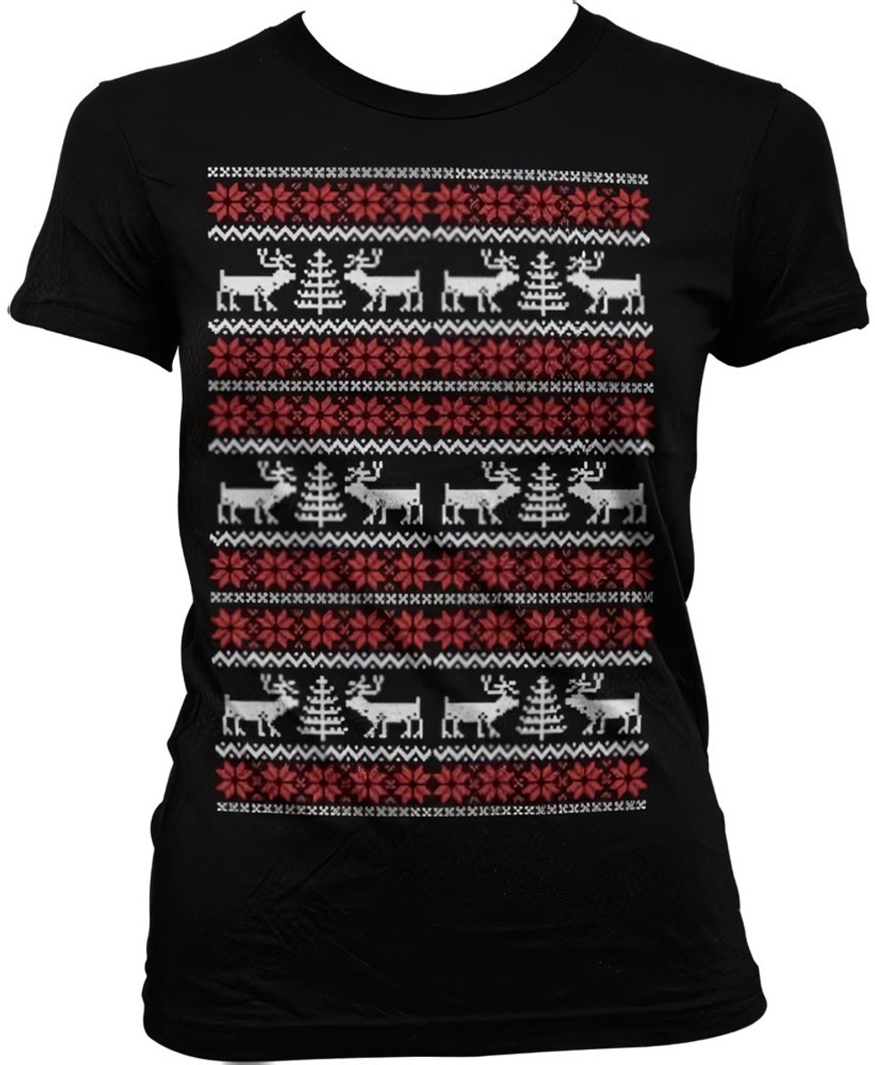 Dames Fun Tshirt -L- Christmas Knit Pattern Zwart
