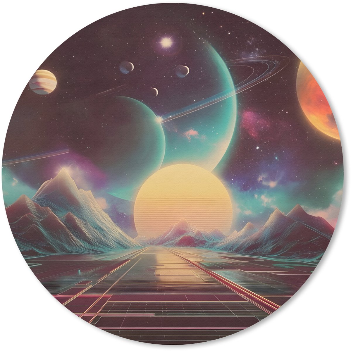 Muismat rond 40x40 cm - Mousepad Planeten - Neon - Berglandschap - Zon - Ronde muismatten