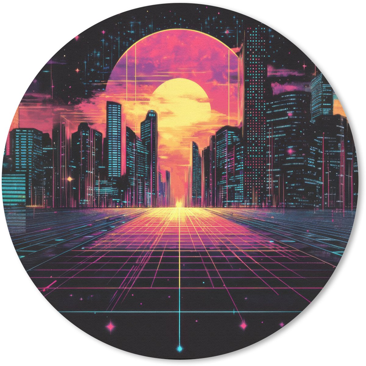 Muismat rond 20x20 cm - Mousepad Stad - Gebouwen - Zon - Geel - Ronde muismatten
