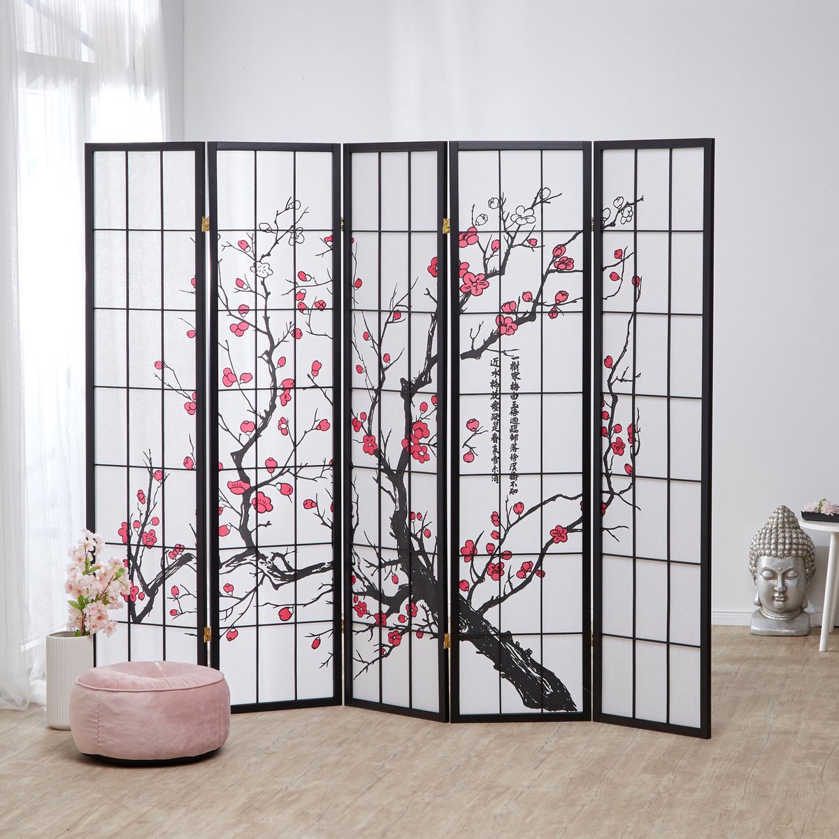 Homestyle4u Kamerscherm - 220x179 cm - zwart - 5-delig - kersen