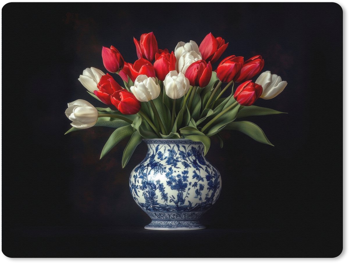 Muismat XXL 80x60 cm - Bureau onderlegger - Bureau mat Rode - Bloemen - Tulpen - Vaas - Bureaumat - Gaming mousepad xl - Bureaulegger groot - Computer deskmat