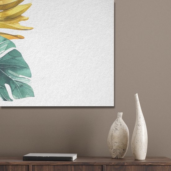 Akoestisch wandpaneel 100x70 cm - Vilt schilderij Bladeren - Monstera - Groen - Goud - Modern - Akoestische panelen - Geluidsdempende wanddecoratie - Geluidsisolatie woonkamer - Muurdecoratie geluidspanelen