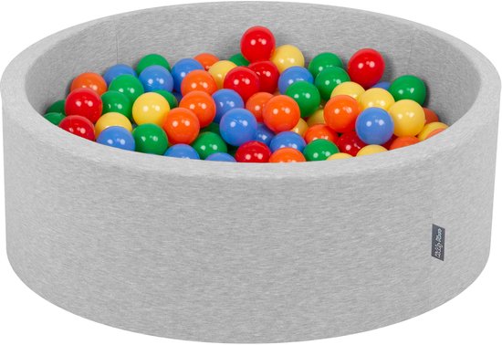 Piscine à balles KiddyMoon 90x30cm - 200 balles ∅ 7cm piscine à balles avec balles colorées pour bébés et enfants, ronde, gris clair : jaune / vert / bleu / rouge / orange