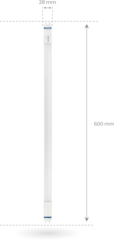 Philips LED TL-buis van 600 mm lengte en 28 mm breedte, met dimmensies aangegeven.